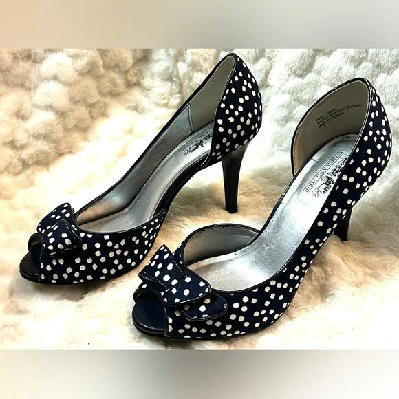 Coach and Four Navy white Polka dot  peep toe bow heels women’s size 7 - Picture 2 of 12